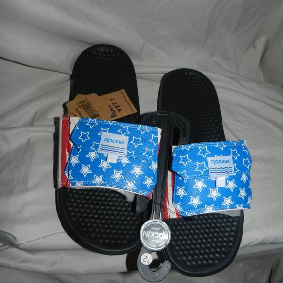 ROCKIN FOOTWEAR SANDALS PATRIOTIC FLAG USA MENS POCKET SLIDES 💥🆕NWT! - Picture 6 of 16